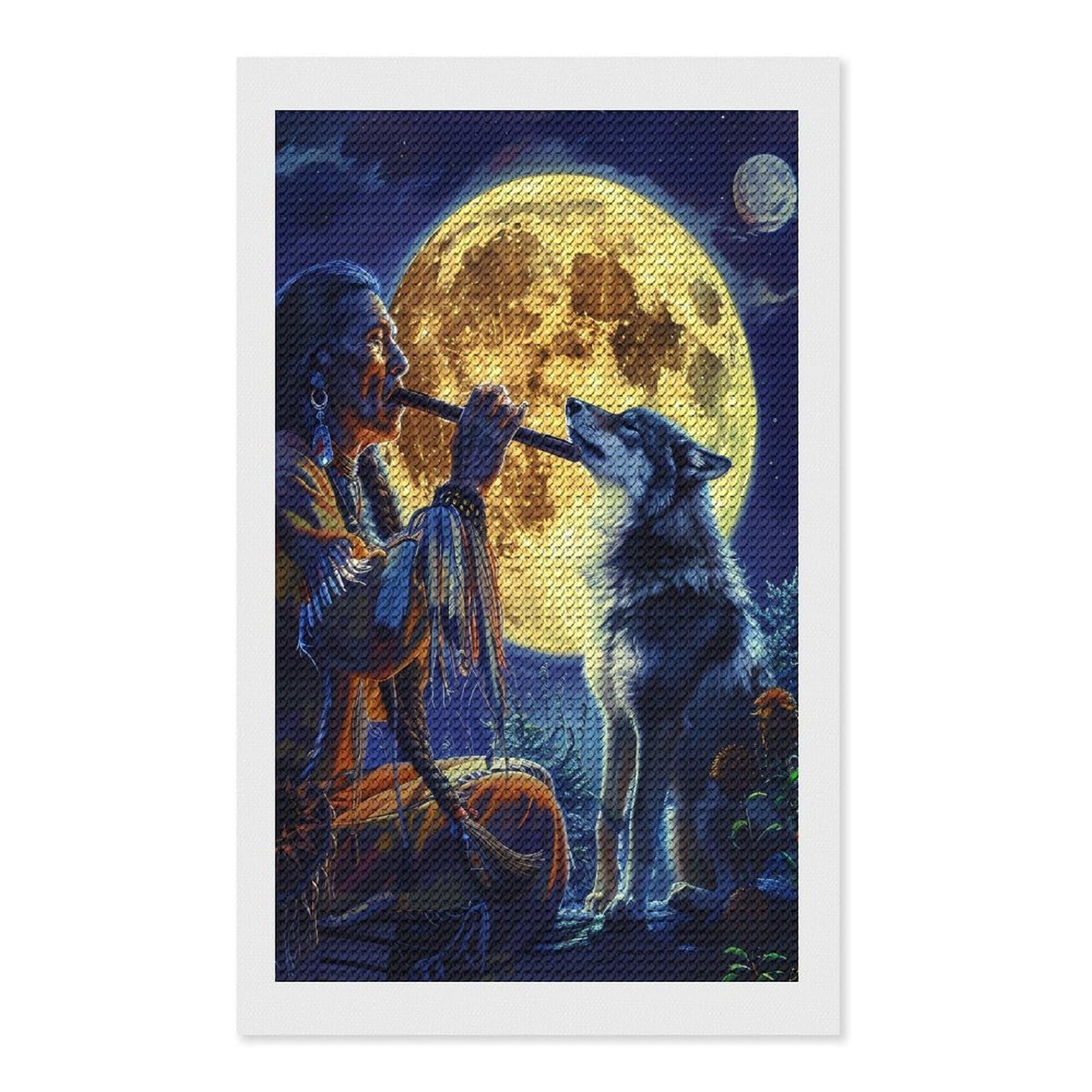 Nclqvjxzkhw Style Tribal Wolf Song Native Am-Ericans Diamond Art Painting For Adult Round Diamonds Pictures Arts Crafts Home Wall Decor 12"X20"