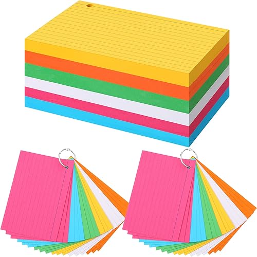 300 tarjetas de índice de colores con 6 anillos de 180 GSM, tarjetas de estudio de color neón grueso de un solo agujero, tarjetas de notas de