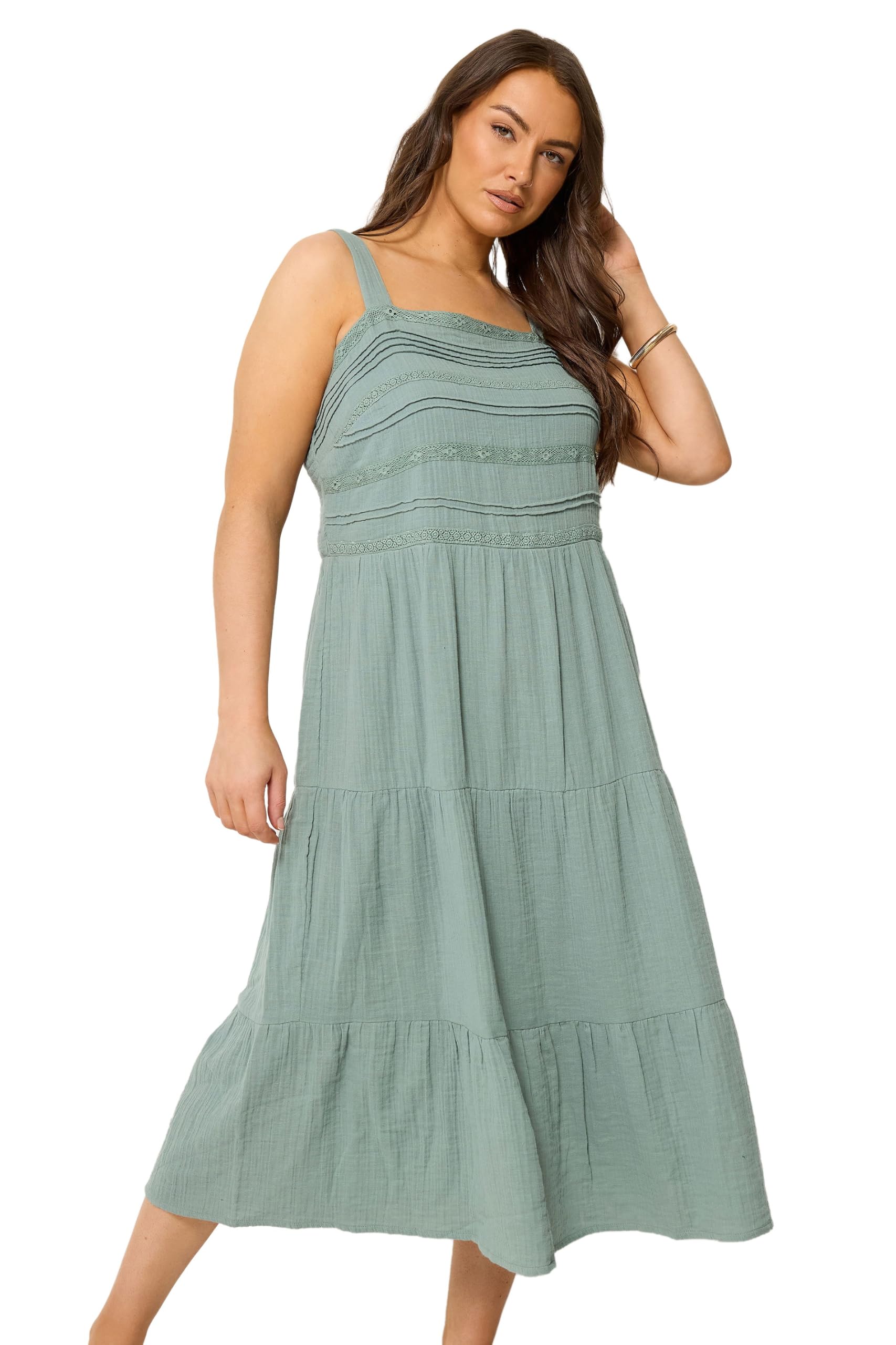 Yours Curve Sage Green Cheesecloth Pleated Tiered Dress - Women's - Plus Size Curve