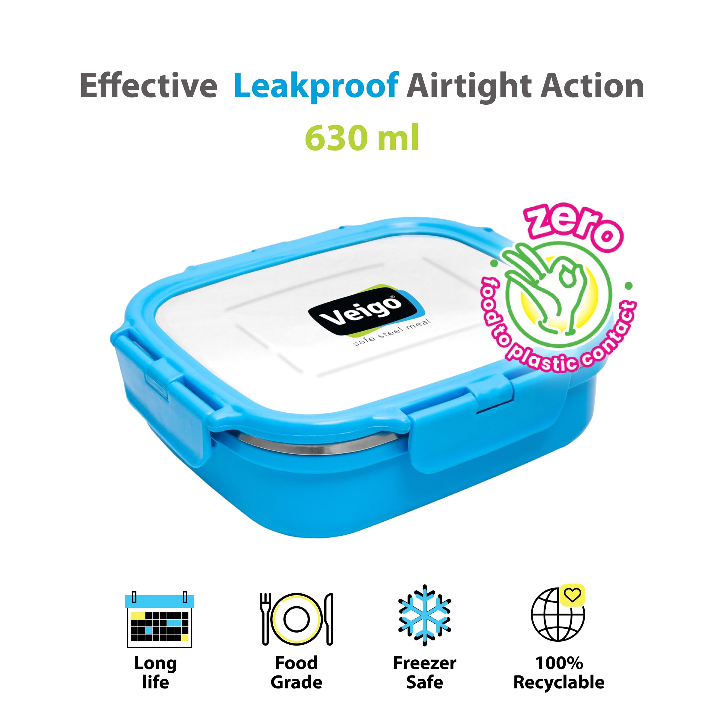 Veigo Stainless Steel Lunch Box, Rectangle Blue Container, Insulated & Leakage-Proof Tiffin (630ml), Microwave Safe, Ideal for Office & Kids