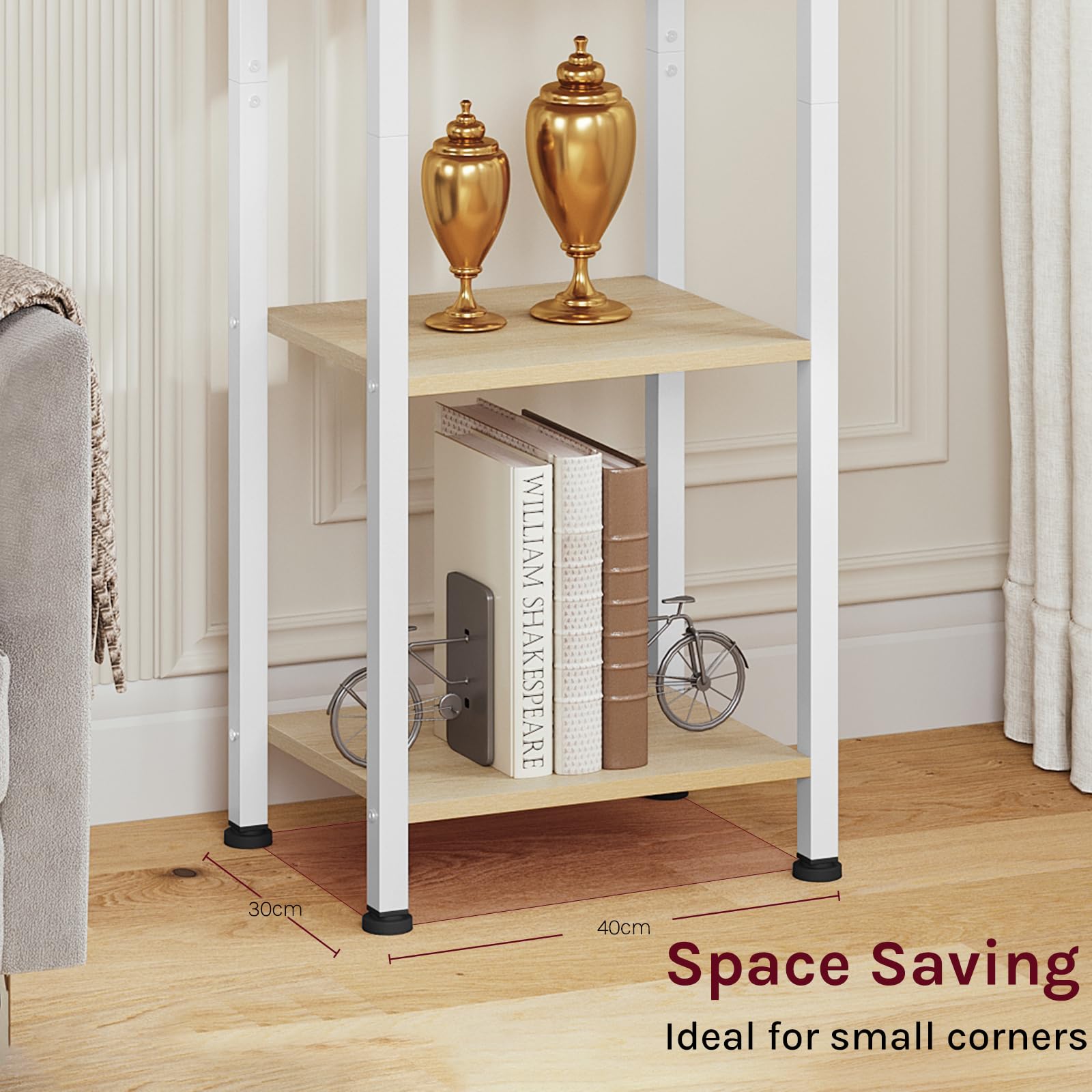 WOLTU Escalera Estantería de Almacenaje, Librería | de Madera y Metal con 4 Ganchos Extraíbles, de 6 Niveles, para Salón, de Estilo Industrial, Blanca, 40x30x187 cm