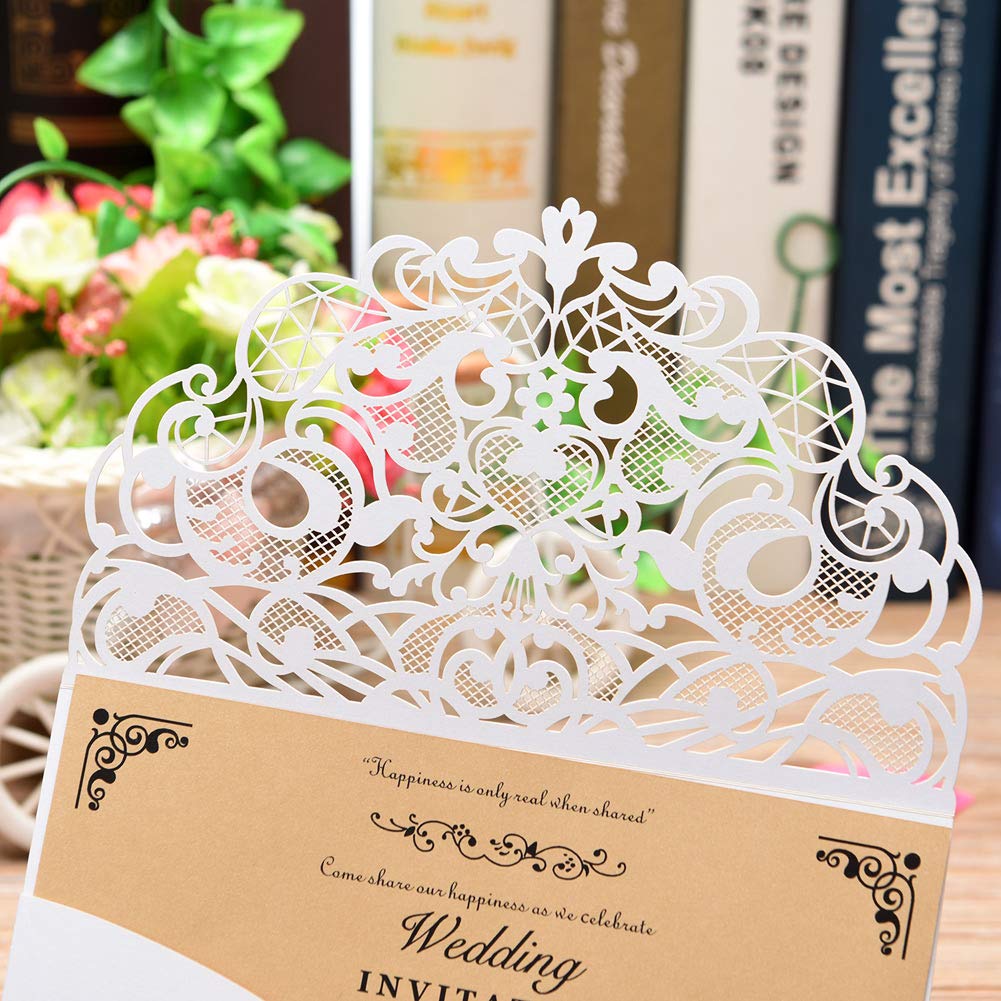Kit de invitaciones de boda cortadas con láser con sobres y hojas interiores para bodas, fiestas de cumpleaños, baby shower, 50 paquetes, 12 x18cm, Blanco