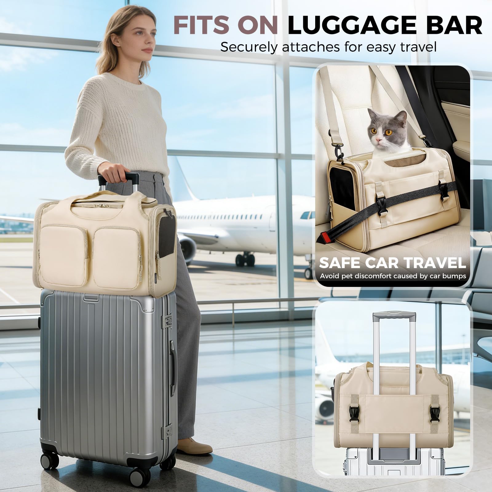 Dog, Cat Carrier for Pets Up to 15 Lbs, Airline Approved Collapsible Soft-Sided Pet Travel Bag with Locking Zippers, Breathable Mesh and 4 Large Pockets, Removable Fleece Pad (Beige) - image 3