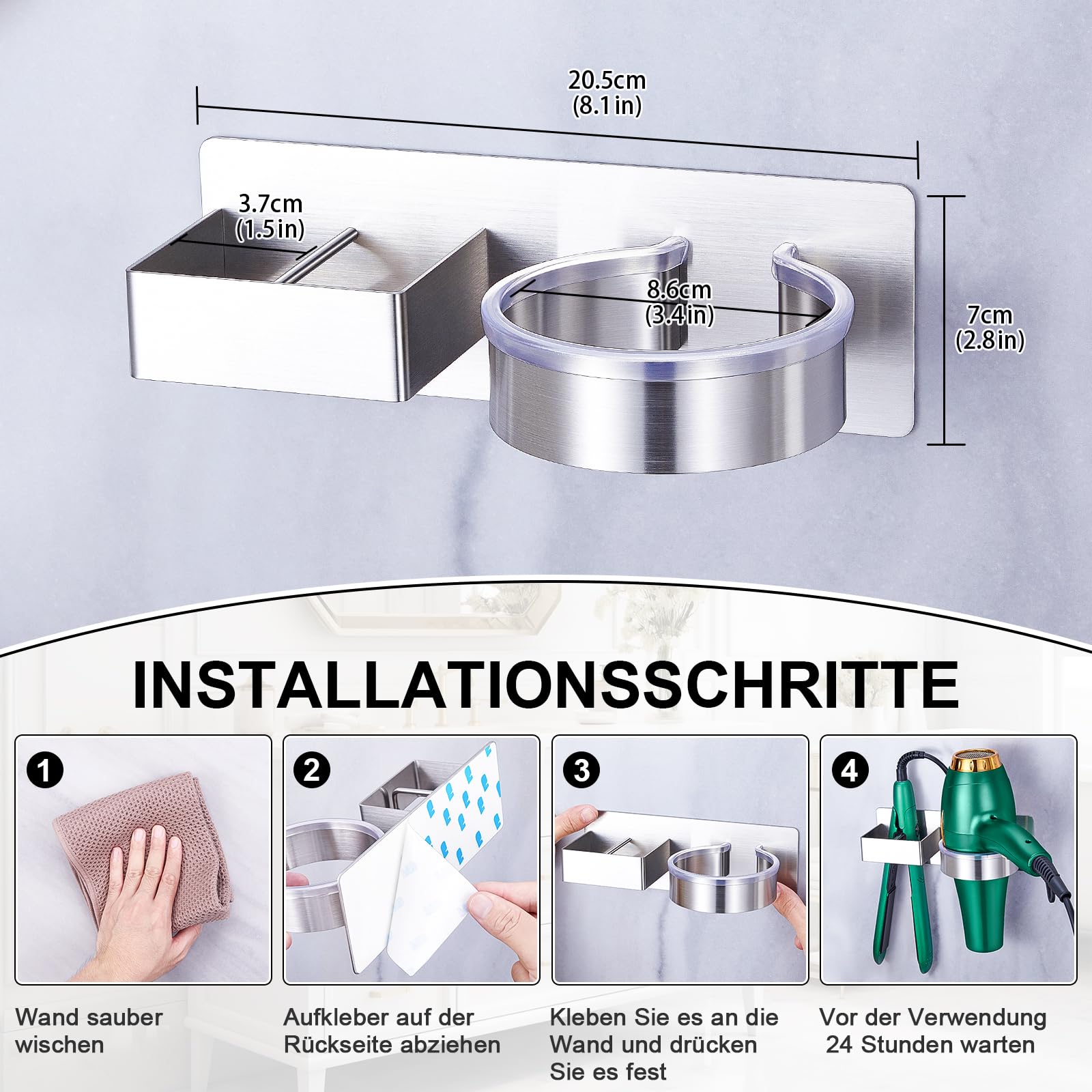Appendi Phon Bagno, Porta Piastra per Capelli, Porta phon da Muro Senza Foratura, Supporto per asciugacapelli e Piastra lisciante Autoadesivo, Supporto da Parete (Argento)
