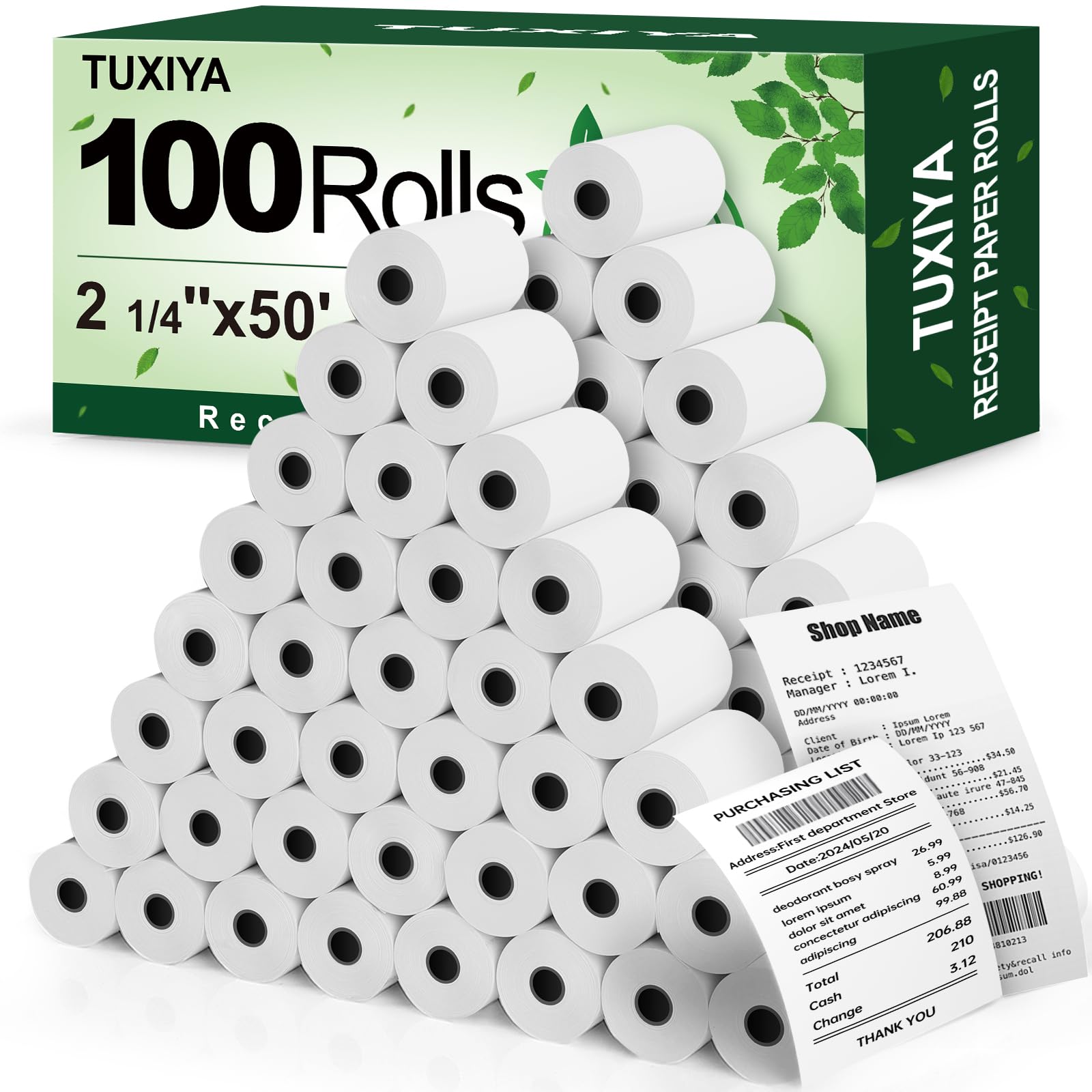 TUXIYA Rollos de recibos de papel térmico de 2 1/4 x 50 pies, 100 rollos de papel de impresora térmica, rollos de papel térmico sin BPA, se adapta a todas las impresoras térmicas POS de 58 mm, rollos