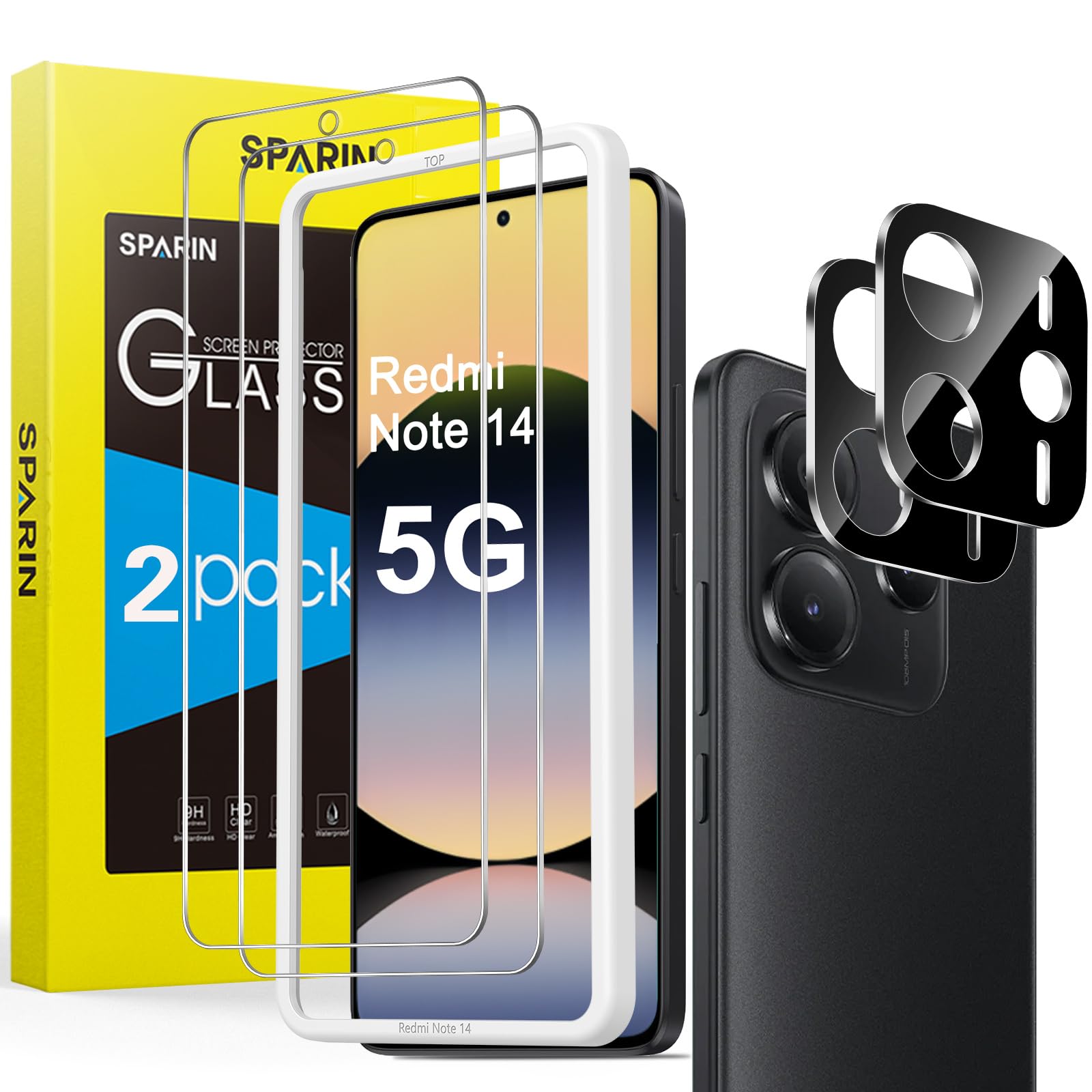 SPARIN 2+2, 2 Pezzi Vetro Temperato per Xiaomi Redmi Note 14 5G e 2 Fotocamera Posteriore Protector per Xiaomi Redmi Note 14 5G, Pellicola Vetro Protettiva con Strumento Di Allineamento Facile