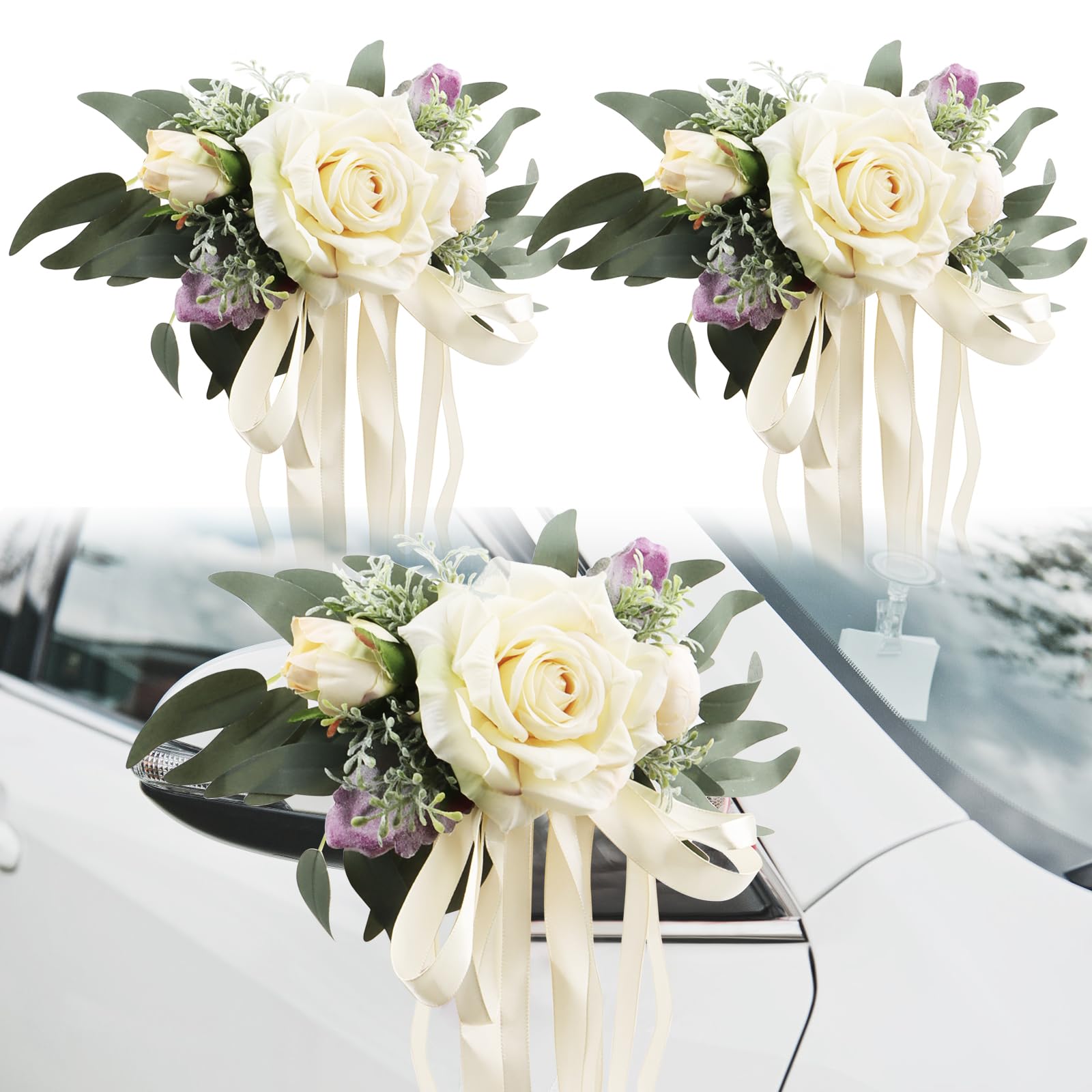 2 piezas de decoración floral para boda en el coche, simulación de flor, lazos para el coche para la boda, decoración de flores para los espejos del coche, asas de las puertas, silla de boda, respaldo
