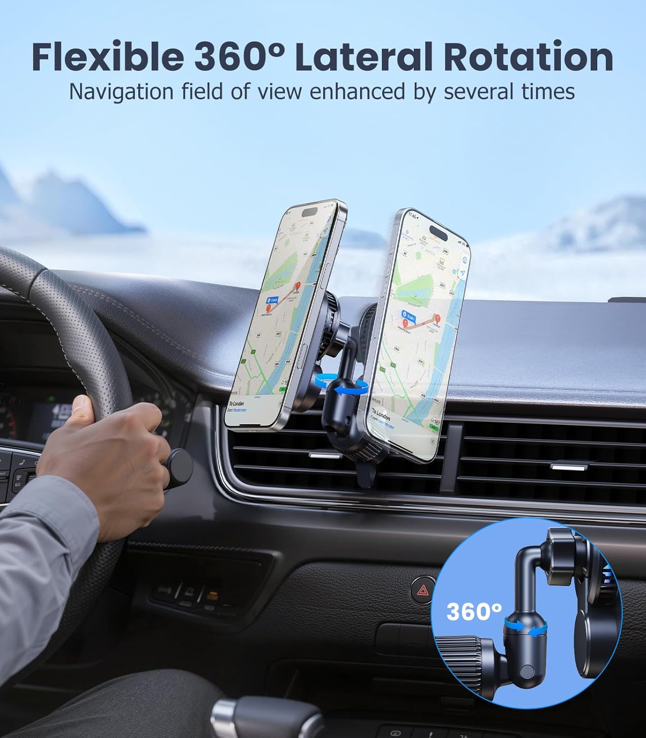 Long-arm Wireless Magnetic Car Phone Holder Mount with Cooling Fan & RGB Lights, 15W Fast Charging Auto-Rotate Charger for iPhone 17/16/15/14/13/12 S25 Samsung Google, Car Air Vent Mount