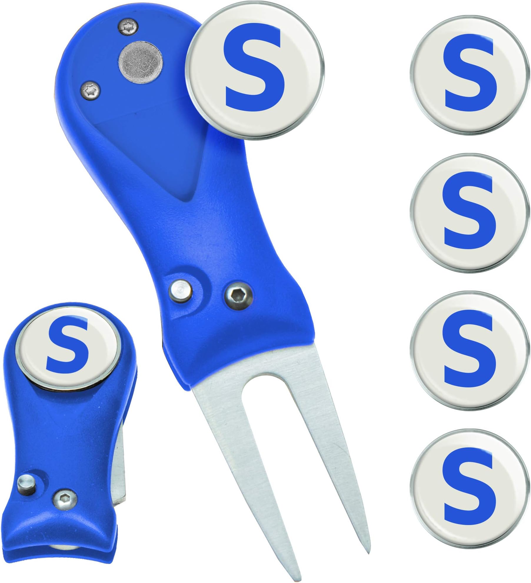 Switchblade Golf Divot Tool & 5 Monogram Ball Markers (A to Z)
