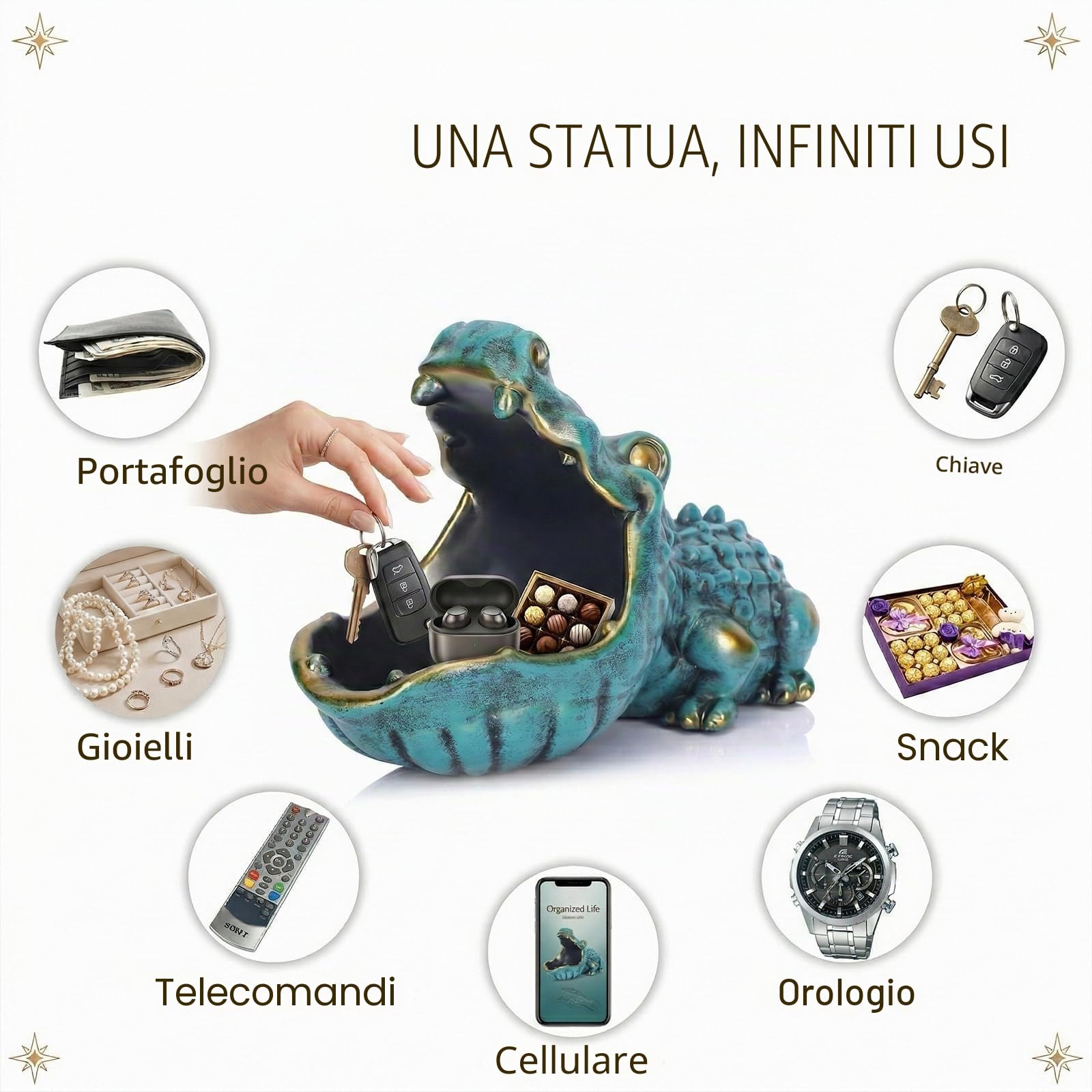 LCCCK Ciotola per caramelle a forma di coccodrillo, divertente statua di coccodrillo, scultura verde a bocca grande, ciotola per caramelle con scultura a forma di ippopotamo