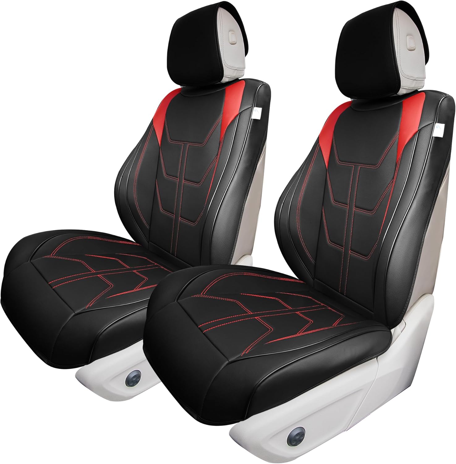 TLH Bionic70 Deluxe Faux Leather Red Car Seat Covers with Contrast Stitching – 2 Pack Seat Covers for Cars Trucks SUV, Front Set, Waterproof Car Seat Cover Cushion, Universal Fit Car Seat Protector