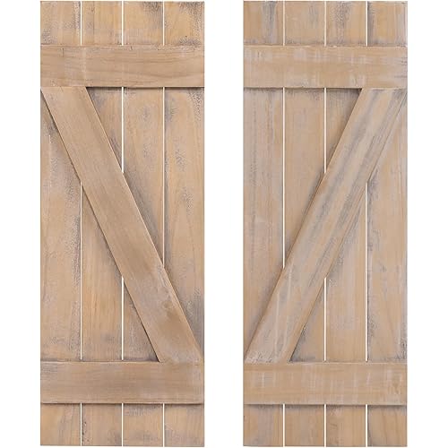 Giantex Farmhouse Window Shutters Wall Decor, Set of 2 Shutters for Windows, Paulownia Wood, Wall Mounted Hardware Included, Rustic Window Shutters for Outside Inside (Rustic Brown, 36'' x 13'')
