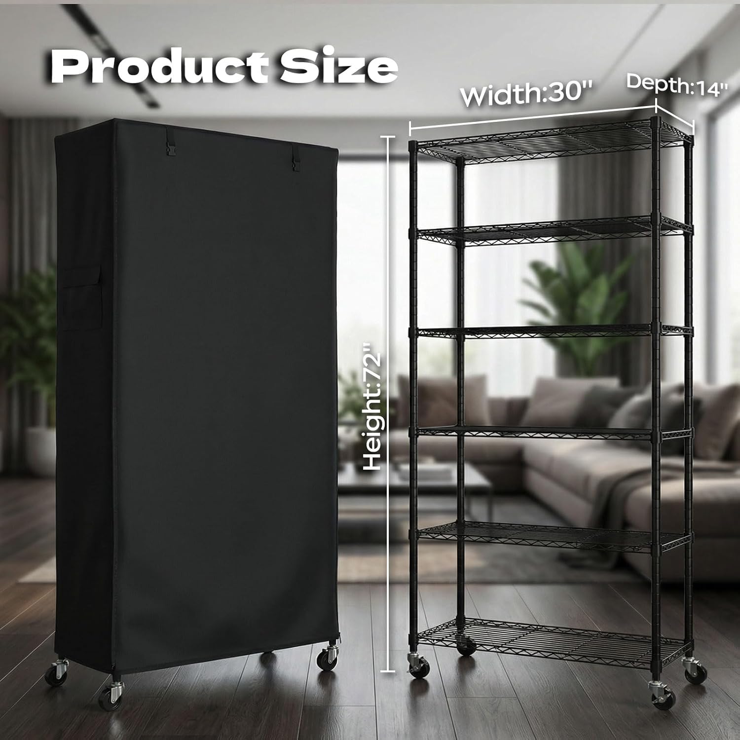 Wire Shelf Rack with 600D Oxford Cover, 30" W x 14" D x 72" H, 6-Tier Heavy Duty Wire Shelving on Wheels, with Waterproof & Dustproof Shelf Cover for Kitchen, Pantry & Laundry Room