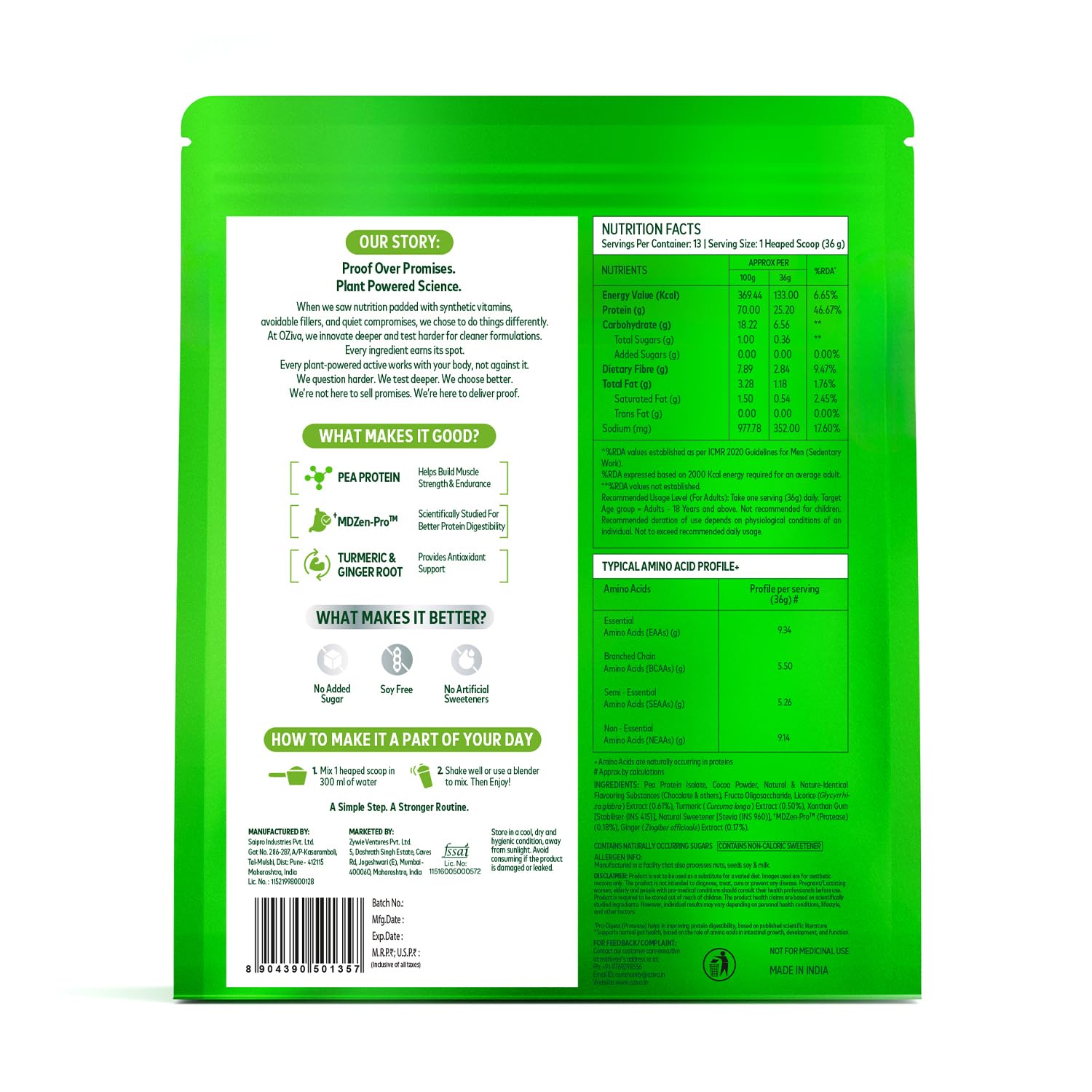 OZiva Bioactive Plant Protein Powder, 5.5g BCAA, Vegan, Chocolate, 500g — Amazon image 6