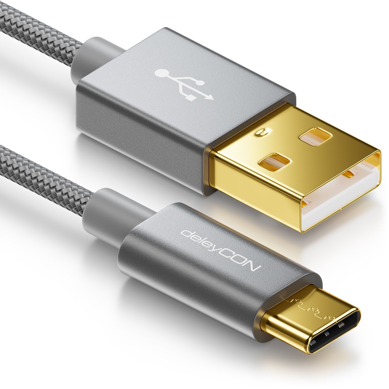 deleyCON 1m Cavo USB-C - Cavo di Ricarica Cavo Dati - Nylon + Spina in Metallo - Da USB C a USB A - Compatibile con Apple Samsung Google Huawei Xiaomi Tablet PC Laptop - Grigio