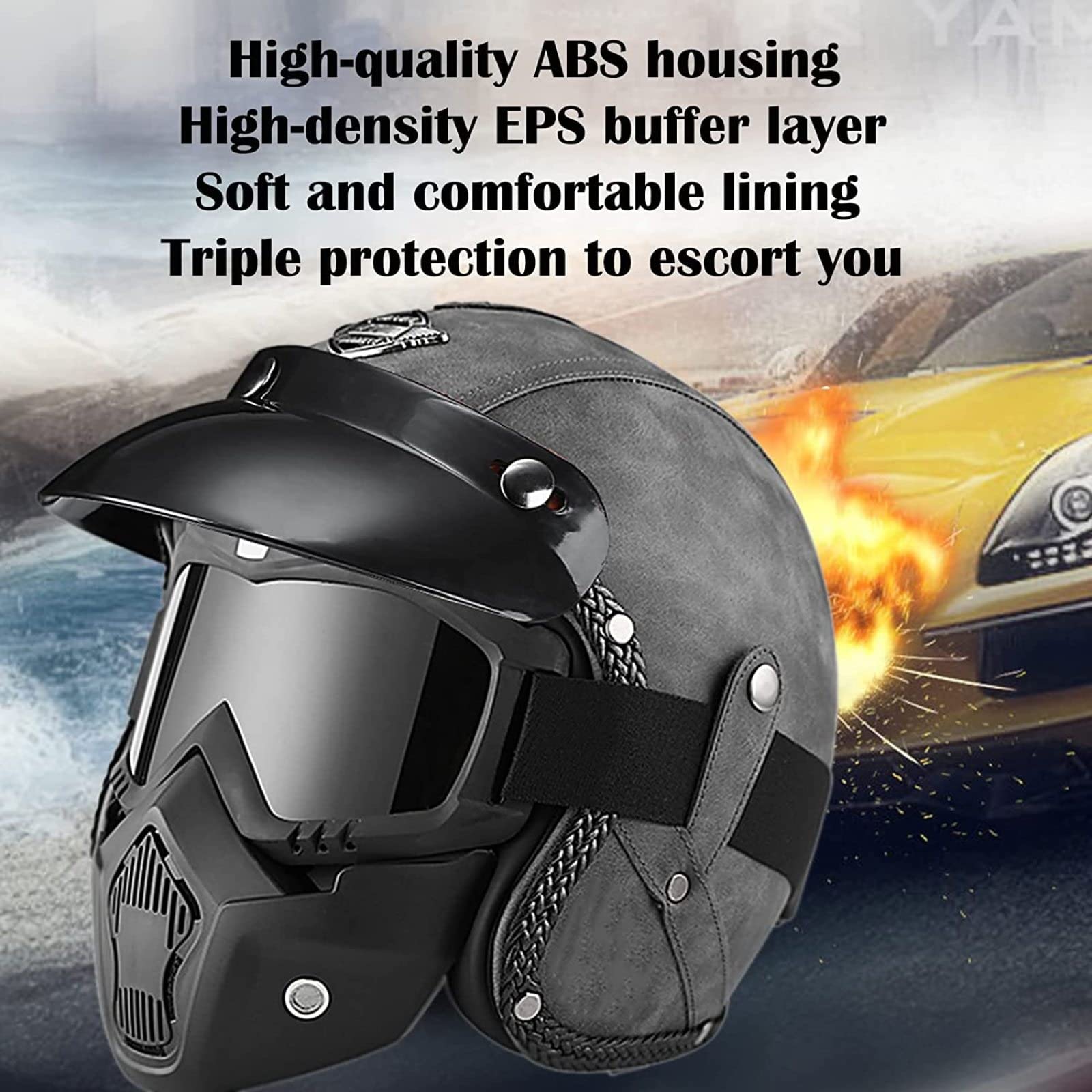 EBAYIN Rétro Harley Moto Demi-Casque 3/4 Casque Jet Casque Open Face Casque Adulte Sécurité Collision Casquette avec Masque Visage Dot ECE Approuvé Cruiser Chopper Scooter Casque,J-XL=（61~62cm）