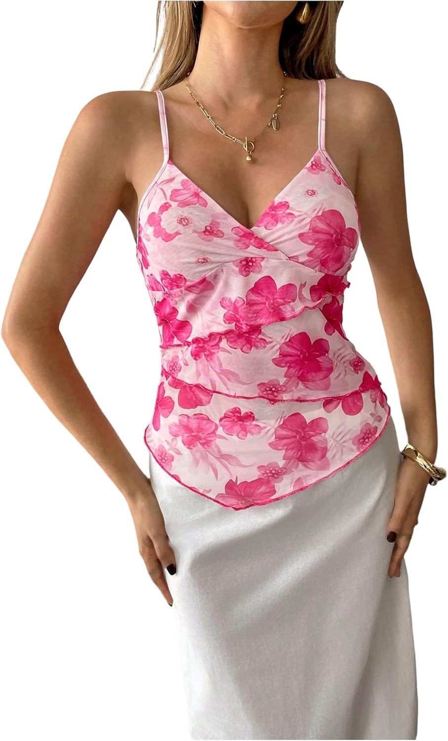 Milumia Women's Floral V Neck Spaghetti Strap Tank Top Layered Asymmetrical Hem Camisoles