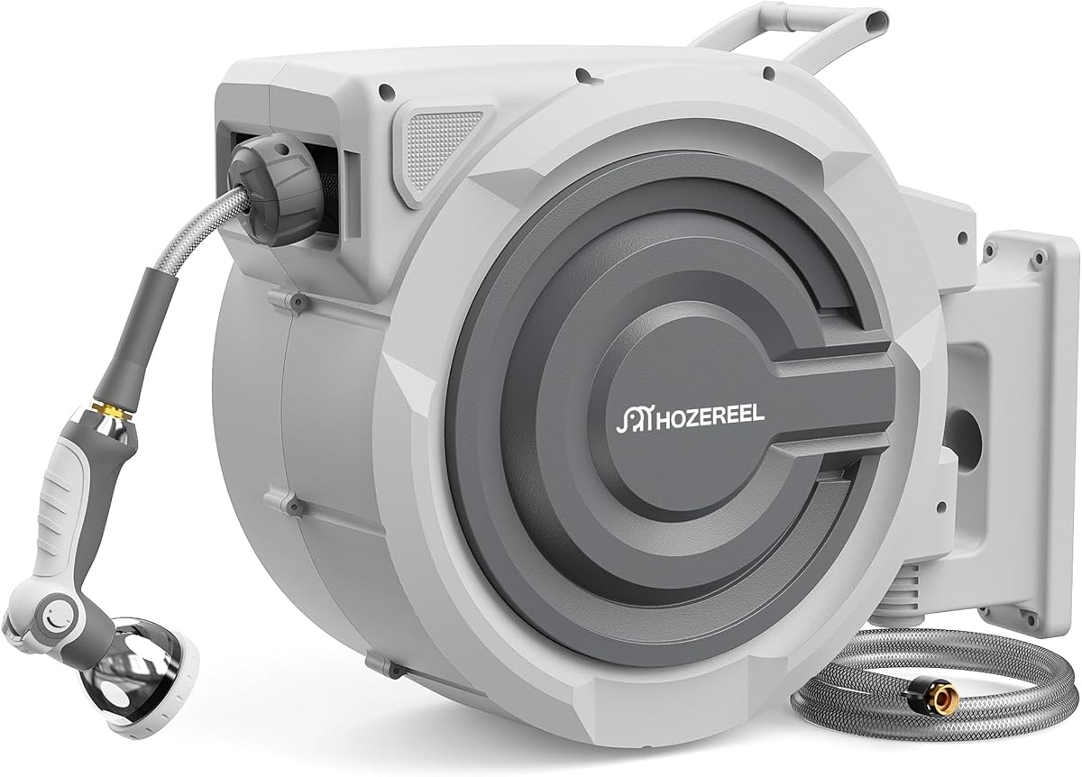 Retractable Hose Reel 5/8"x 110ft, Retractable Garden Hose | UV Resistant Automatic Slow Self Retract Hose Reel, 180°Swivel Wall Mount, Any Length Lock , 10 Pattern Nozzle