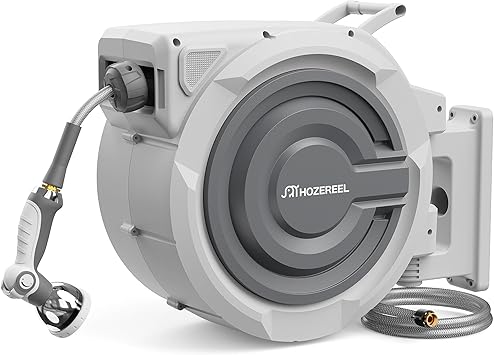 5/8" x 110 FT Retractable Garden Hose Reel by HOZEREEL, UV Resistant Hose Reels - Automatic Slow Self Retract Wall Mount Hose Reel Enclosed Storage, Any Length Lock 180 Swivel, 10 Pattern Nozzle