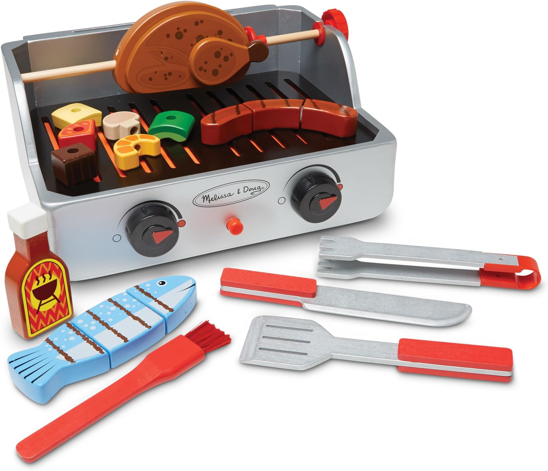 Rotisserie & Grill Barbecue Set – 24-Piece Wooden Playset with Rotating Skewer, BBQ Sauce & Utensils – Interactive Pretend Play Toy for Kids Age 3 Plus