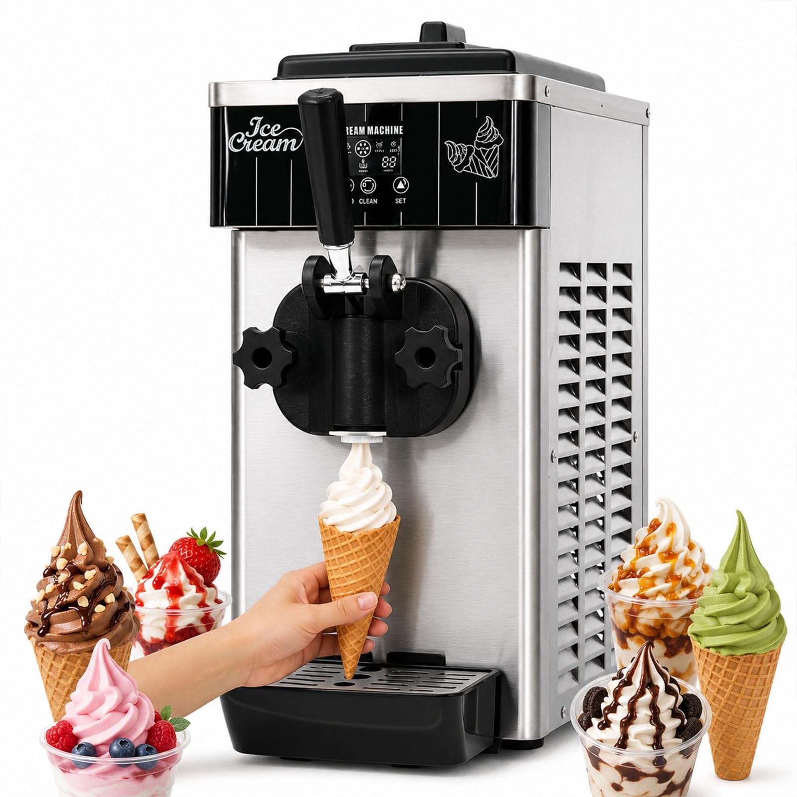 smafoseedding Soft Serve Ice Cream Machine, Electric Soft Serve Ice Cream Maker with 2.5L Hopper, 4-6L/H Output, Auto Clean, 3 Molds, Countertop Single Flavor Maker for Cones, Yogurt, Cafes & Parties