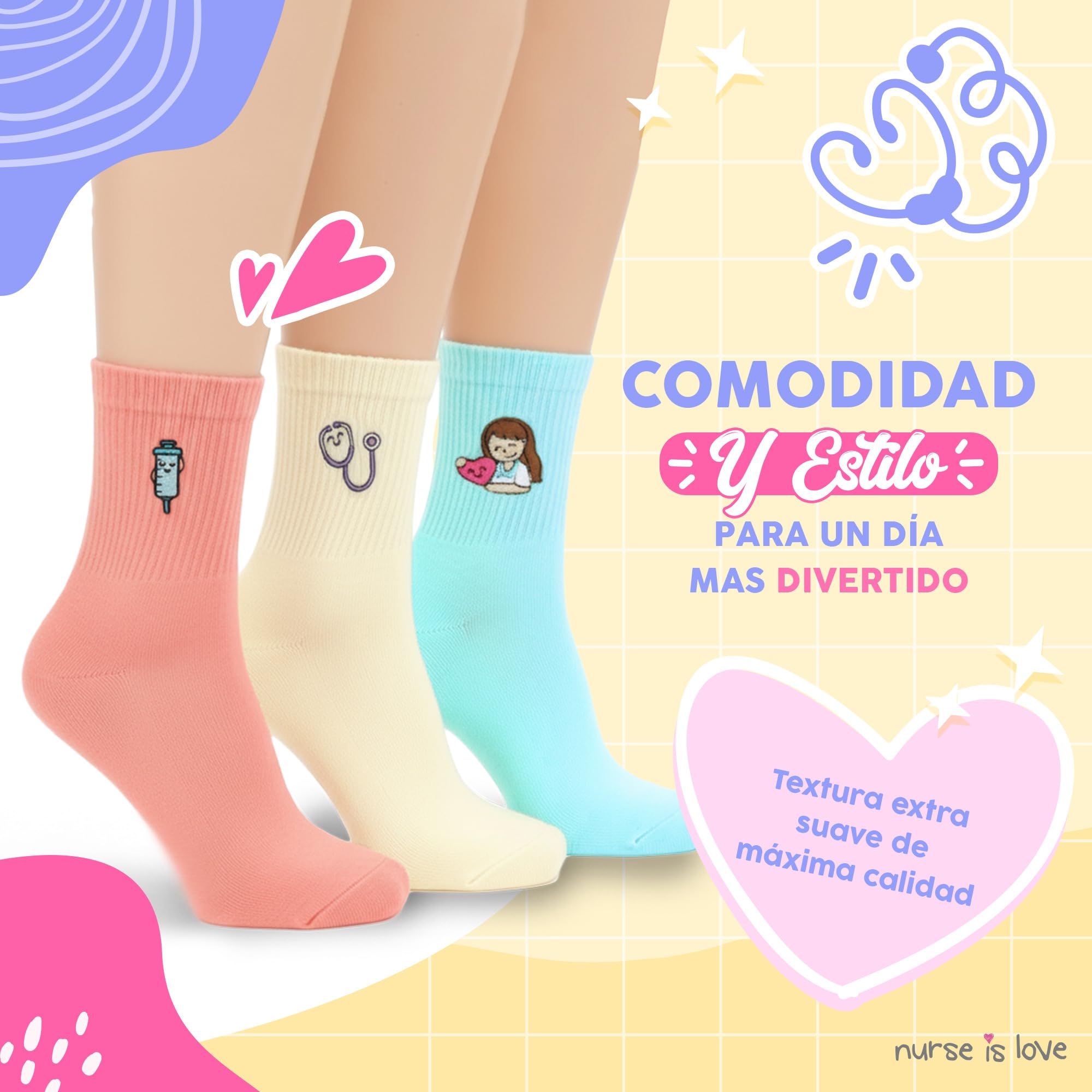 Nurse is Love Set de 3 pcs. Calcetines Mujer Divertidos para Enfermeras de Ideal para TCAE, Medicos, Vet | Ajusta Con Zuecos Sanitarios Mujer | Regalos Originales | Accesorios Enfermeria - NEUTRAL