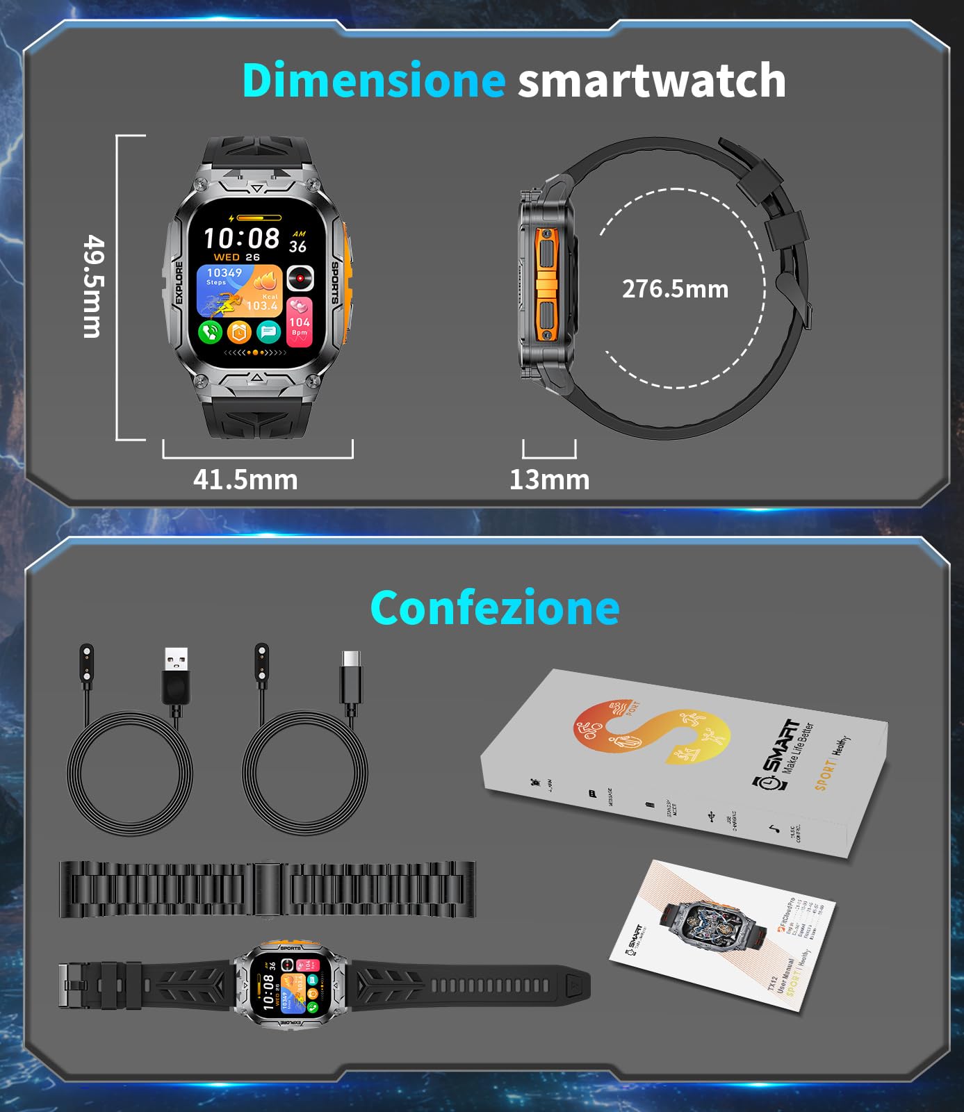 Orologio Smartwatch Uomo, Batteria 1000 mAh con Torcia LED, Orologio Sportivo Display HD 2.01" Quadrato, 100+ Modalità Sport, Impermeabile IP68, Compatibile con Android e iOS (Nero-Arancione)