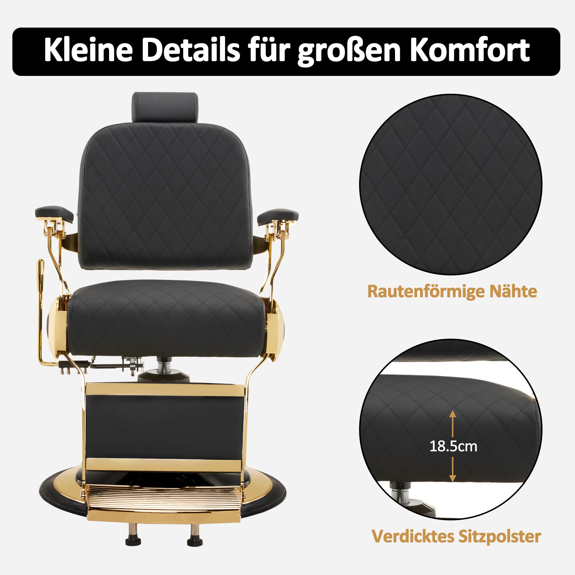 Barberpub Friseurstuhl mit Kopfstütze Kippbar, Friseureinrichtung mit Hydraulikpumpe 360° Drehbar, Bedienungsstuhl Höhenverstellbar, Barber Stuhl Friseurstühle Kunstleder, 3855BK (Gold-Schwarz)