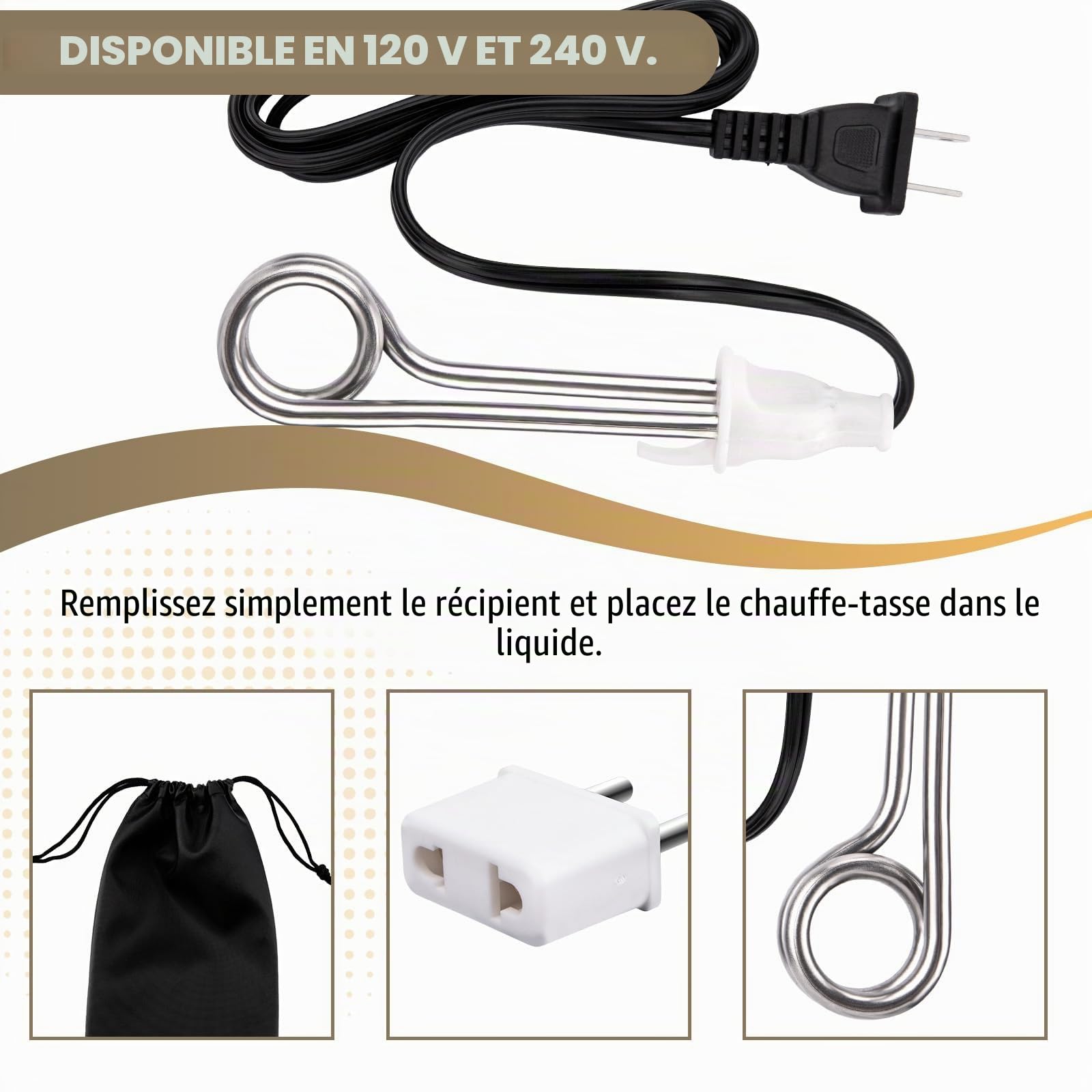 Accessoires de camping de voyage Chauffage à immersion à thé avec thermomètre LCD – Chauffe-eau portable à immersion 300 W double tension 120/240 V
