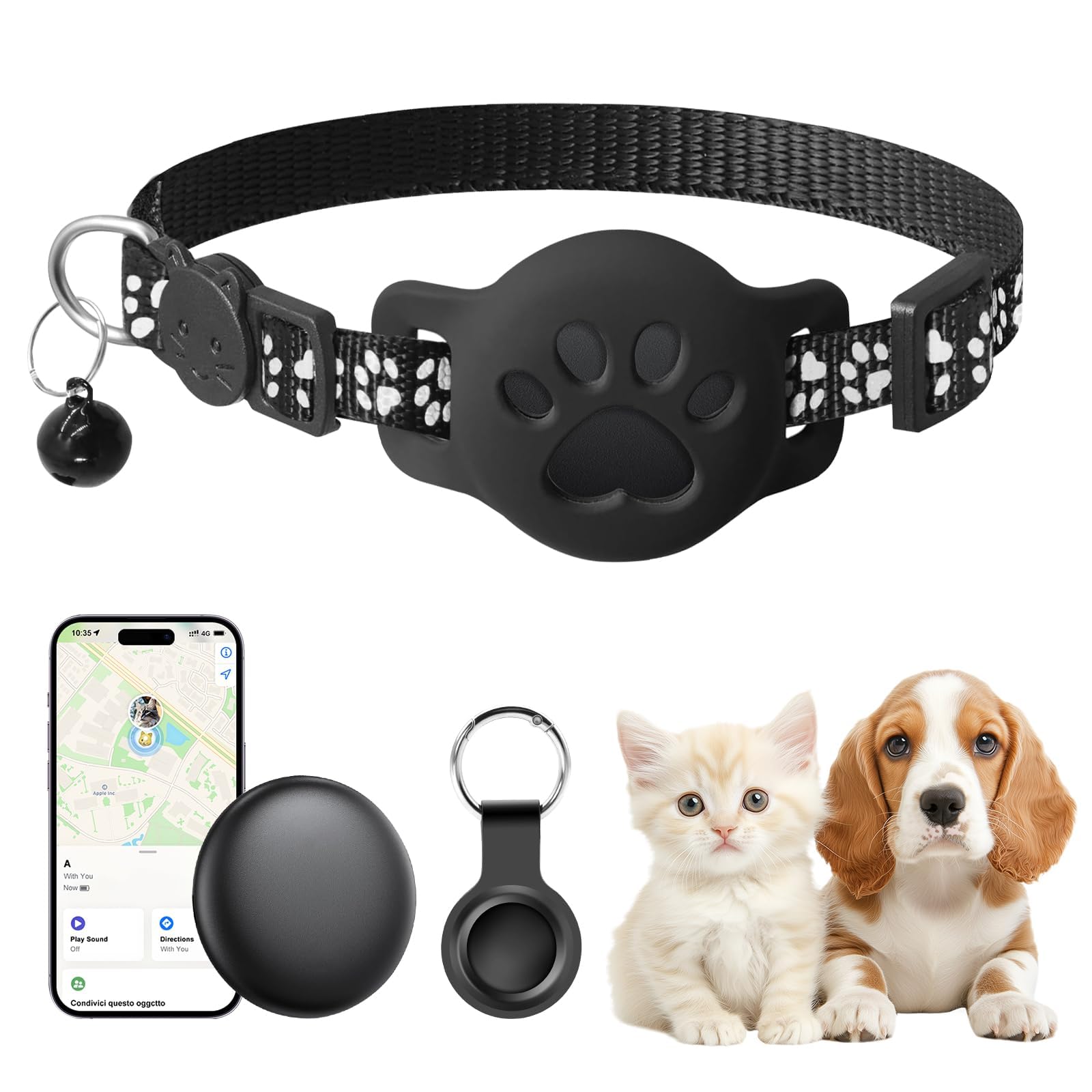 GPS Tracker Katze Halsband Kompatibel mit iOS ＆ Android, Mini GPS Tracker für Katze Hund Arbeite mit App Find Tag, Ohne ABO, Globale Abdeckung Ortungsgerät, Gepäckortung, Wasserdicht