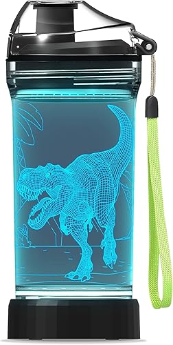 Lightzz Botella de agua de dinosaurio, juguetes de dinosaurio para niños de 5-7, 8-12 con luz brillante 3D, regalos de dinosaurio para niños,