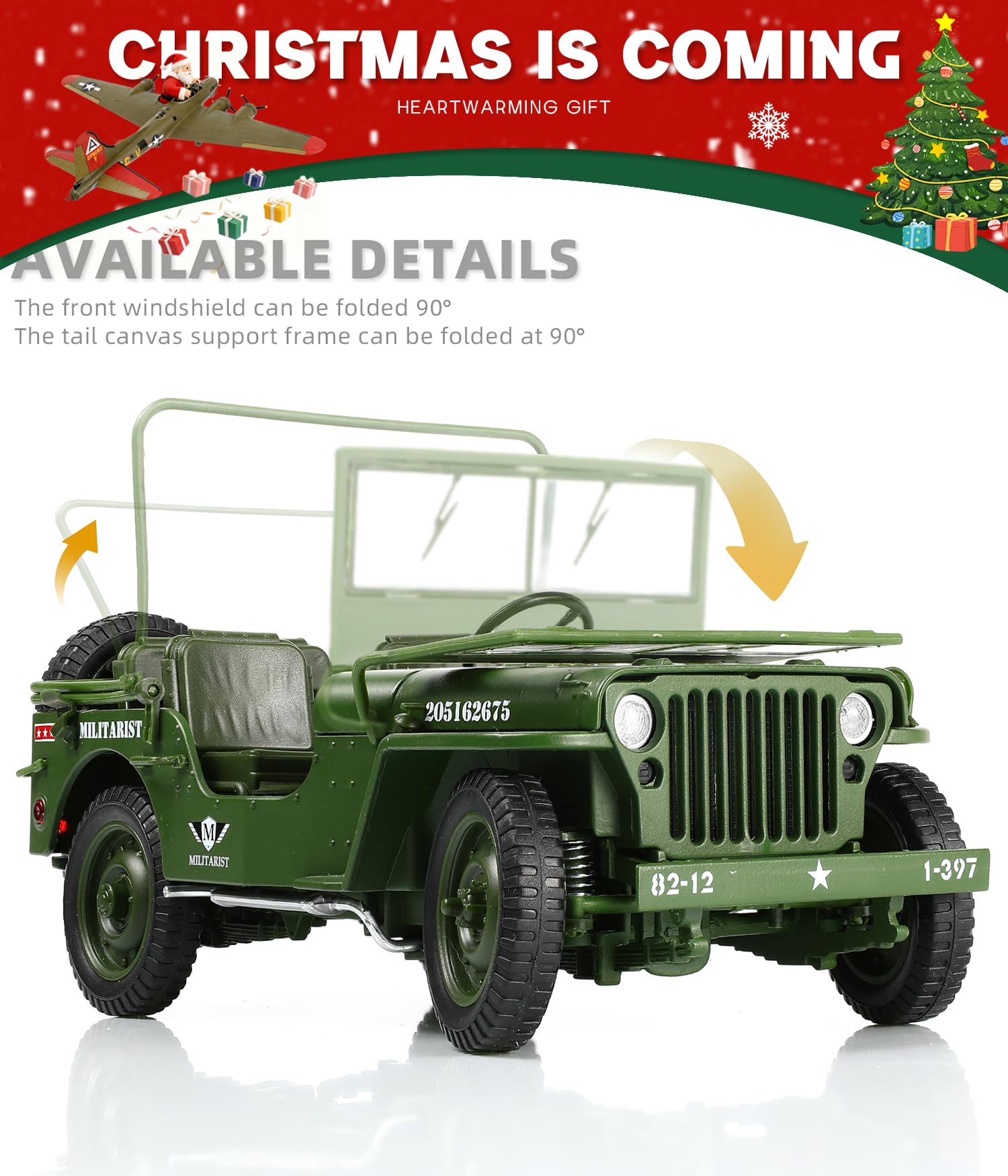 Auto World Jeep Willys 1/18 Modell – US Army, Grün, 2. Weltkrieg, Mit öffnender Motorhaube & Lenkbaren Rädern