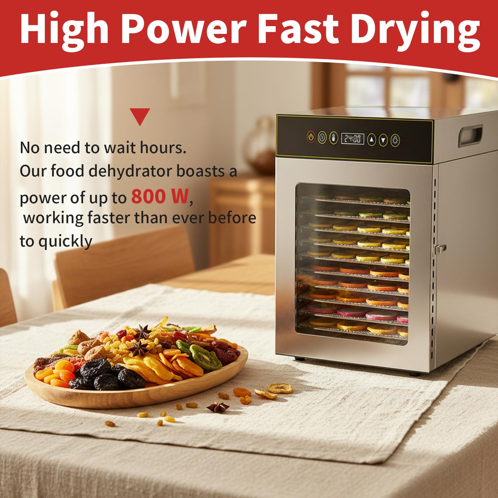 Essiccatore per Alimenti, Vassoi Impilabili in Acciaio Inox da 12/18 con Timer Digitale Regolabile E Controllo della Temperatura, Conservatore Elettrico per Frutta, Carne 800W18Trays