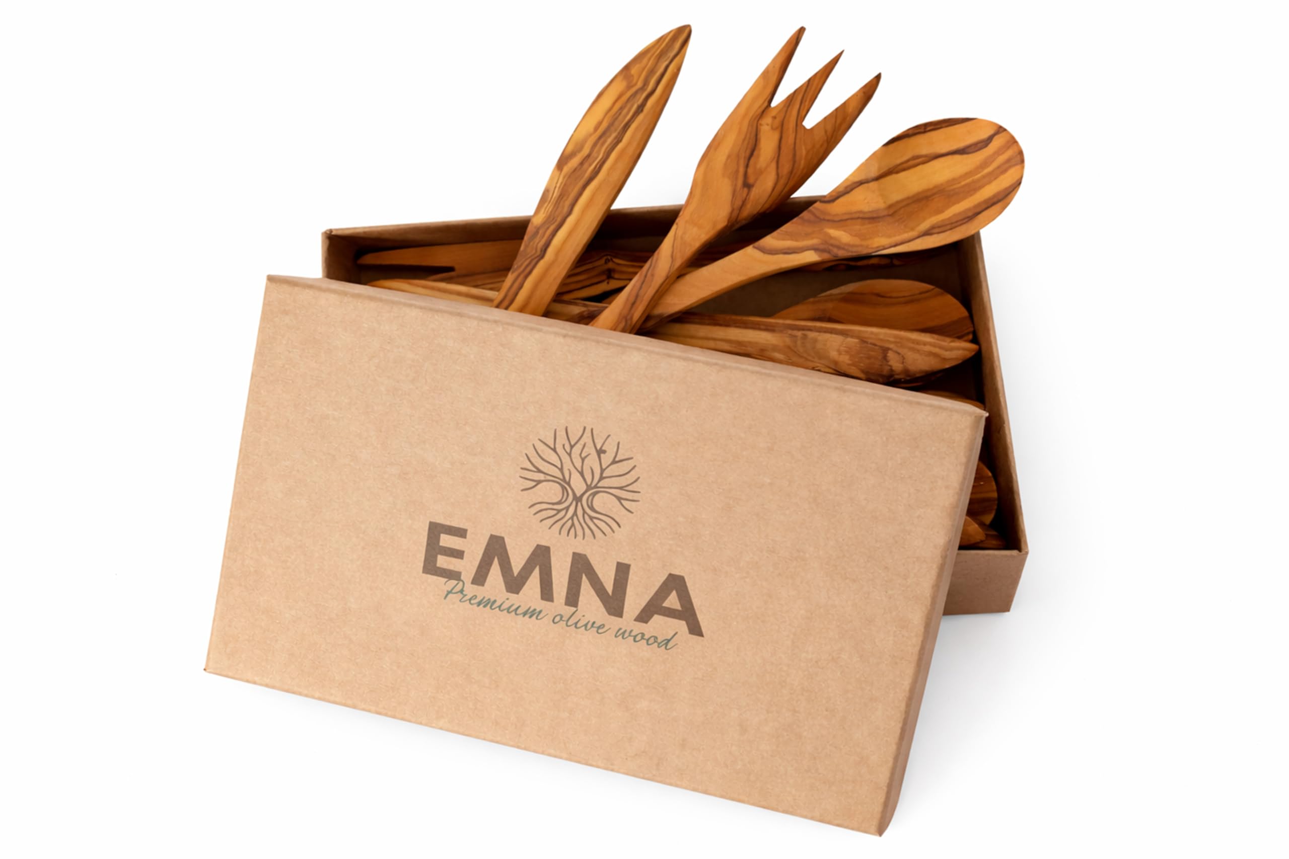 EMNA – Luxuriöses 12-teiliges Besteck Set aus massivem Olivenholz ca. 20 cm | 4 Löffel, 4 Gabeln & 4 Messer | Unikat | Edle Geschenkbox | Premium Geschenk Idee Weihnachten Hochzeit Geburtstag