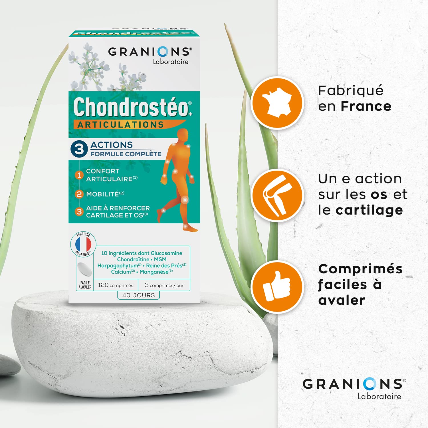 GRANIONS Chondrostéo+ Articulations - 2x180 Comprimés - Glucosamine, Chondroïtine, Msm, Harpagophytum, Bambou [Silicium] Triple Action :Mobilité & Souplesse Articulaire Capital Osseux - Made In France