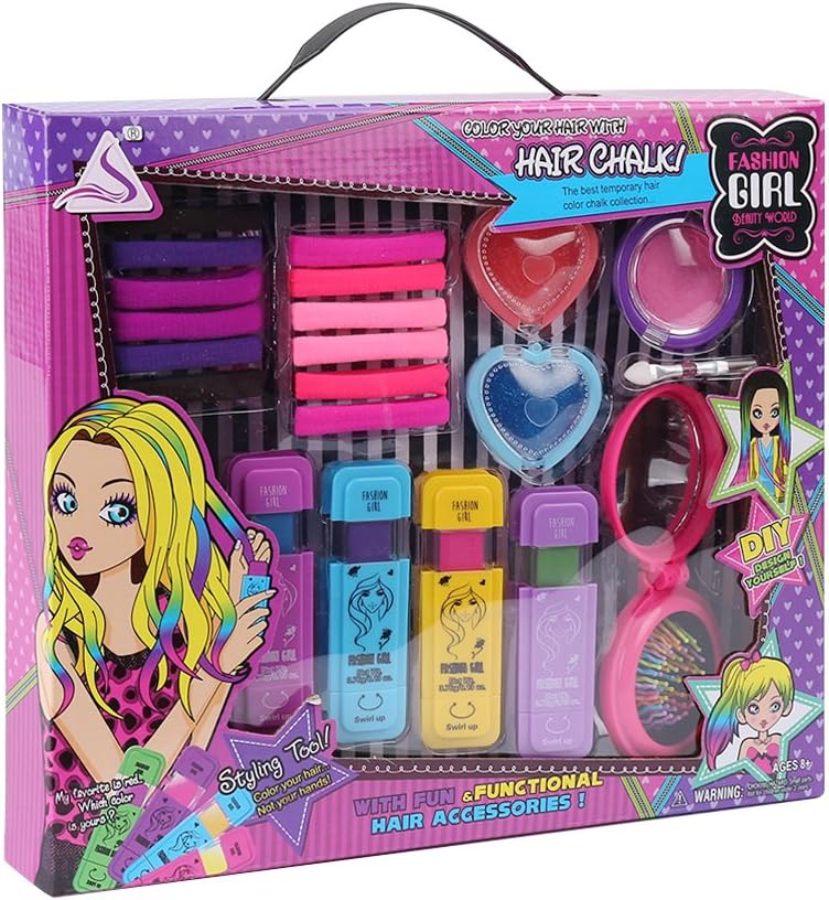 Shinehalo J-507 Portable Non-Toxic Dye Hair Coloring Chalk for Girls Kids Temporary Styling Cosmetic Sets with Glittering Eye Shadow Comb Mirror Blusher Lip Gloss Rubber Band Brush Accessories 21 Pcs