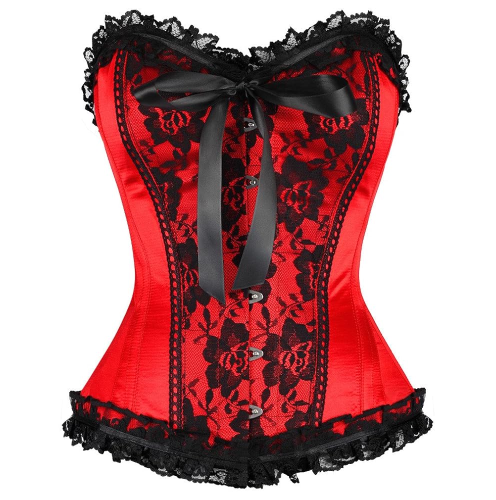 Red Satin Black Frill Net & Bow Burlesque Waist Shaper PLUS