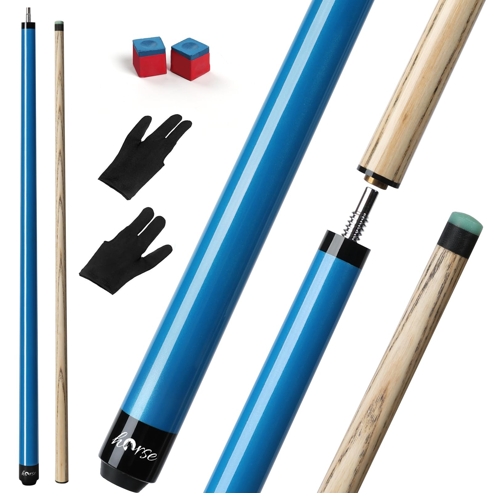 Horse 58" 21oz Power Pool Cue Stick: Billiard Cue 21oz with Solid Ash Wood Shaft, 13mm Green Phenolic Tip, Royal Blue Finish, Includes 2 Billiard Gloves & 2 Chalks for Controlled Power