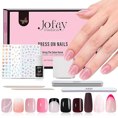 Jofay Fashion - Kit de uñas postizas a presión, 10 paquetes (240 unidades), uñas postizas cortas cuadradas con punta francesa, uñas a presión, de