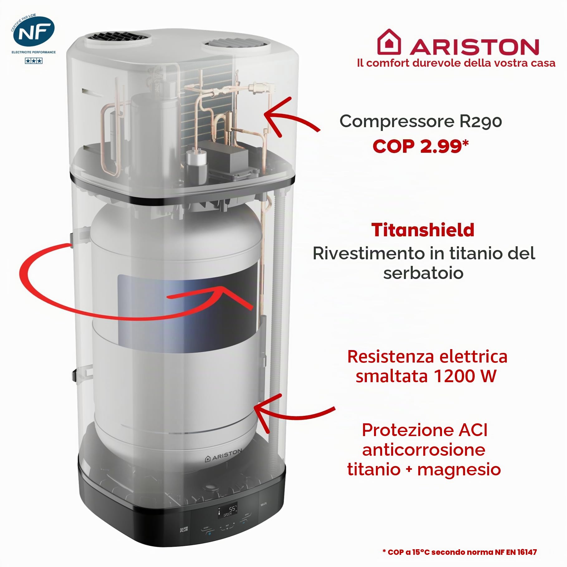 Ariston NUOS PLUS WIFI - Scaldabagno Termodinamico 110 litri - Risparmio energetico 80% - Funzione fotovoltaica - Progettato e realizzato per essere installato in Francia