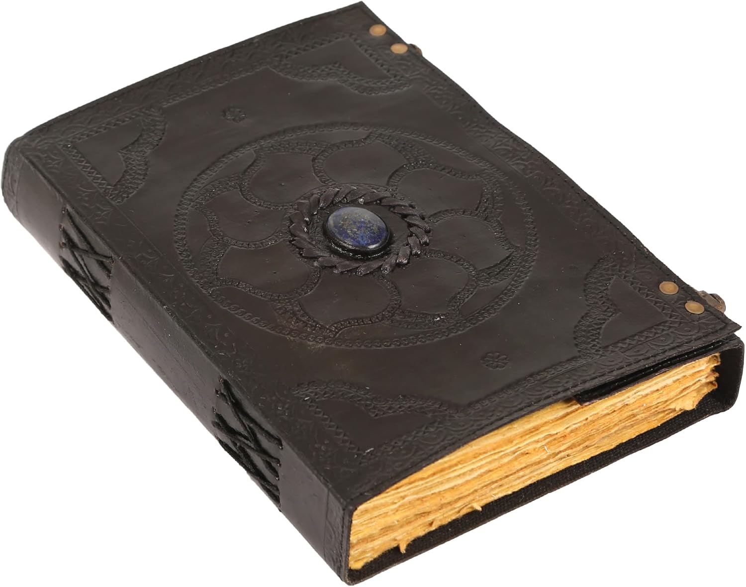 Handmade Leather Journal, Black, Lapis Lazuli Stone Hand Embossed Design, Genuine Leather Notebook Diary, Sketchbook with Brass Clasp Lock, Journal for Men & Women, Office Journal Deckle Edge
