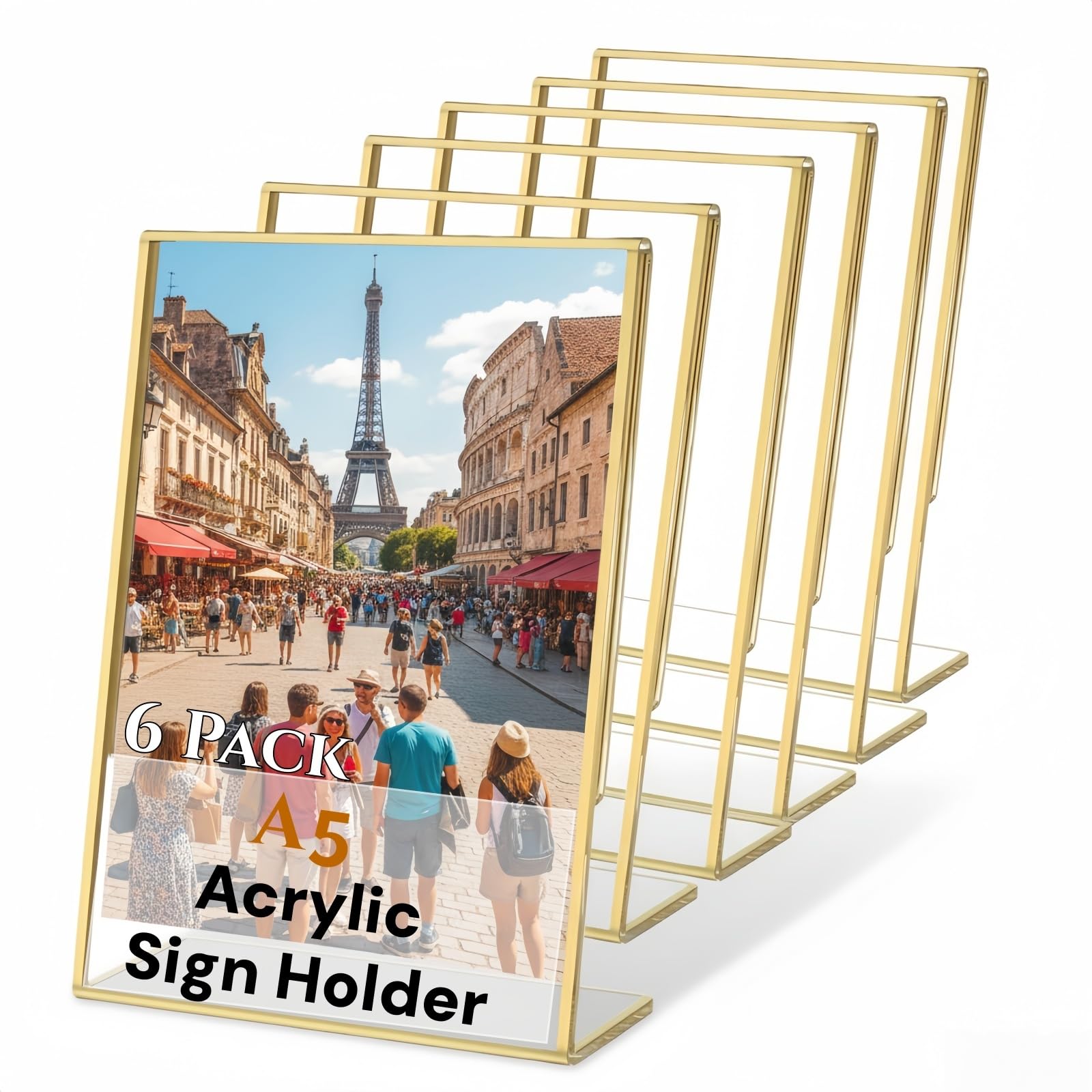 Chdexu Transparent Acrylic Sign Holder A5 With Gold Border, 6 Pack Clear Acrylic Menu Table Holders With L-Shape Stand For Wedding Table Numbers, Photos Display, Restaurant Signs