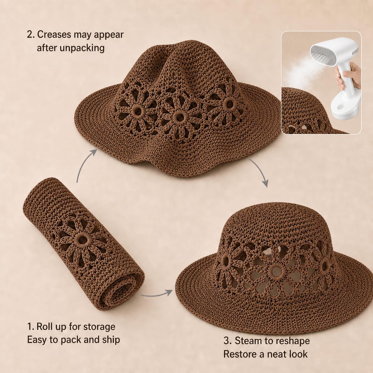 Handmade Womens Crochet Paper Straw Bucket Hat Daisy Beach Cap | Packable, Adjustable, Inner Drawstring, Airy, Lightweight, Face Shade, Easy Storage, Feminine Openwork Floral Style