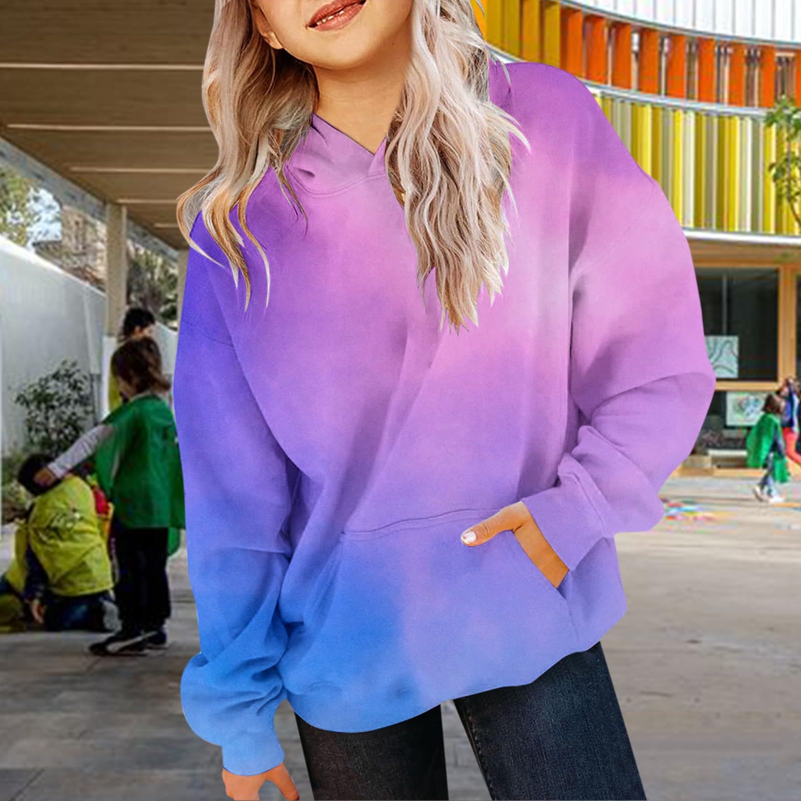 Bluzy z kapturem dla dziewcząt gradient modny sweter z kapturem Tie Dye długi rękaw okrągły dekolt bluza dzieci na co dzień moda oversize sweter