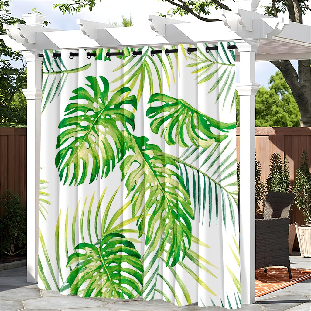 Hiseng Outdoor Curtains Waterproof, 1 Panel Pergola Curtains Eyelet Top - 3D Leaf Curtain Thick Privacy Thermal Insulated Sunshade Curtains for Garden Gazebo Patio Porch (132x304cm,Light Green)