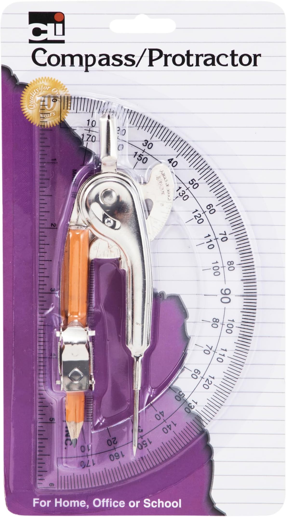 Charles Leonard Ball Bearing Compass and 6 Inch Protractor Combo Set, Metal/Clear Plastic, Assorted Colors, 1 Combo Pack (80960)