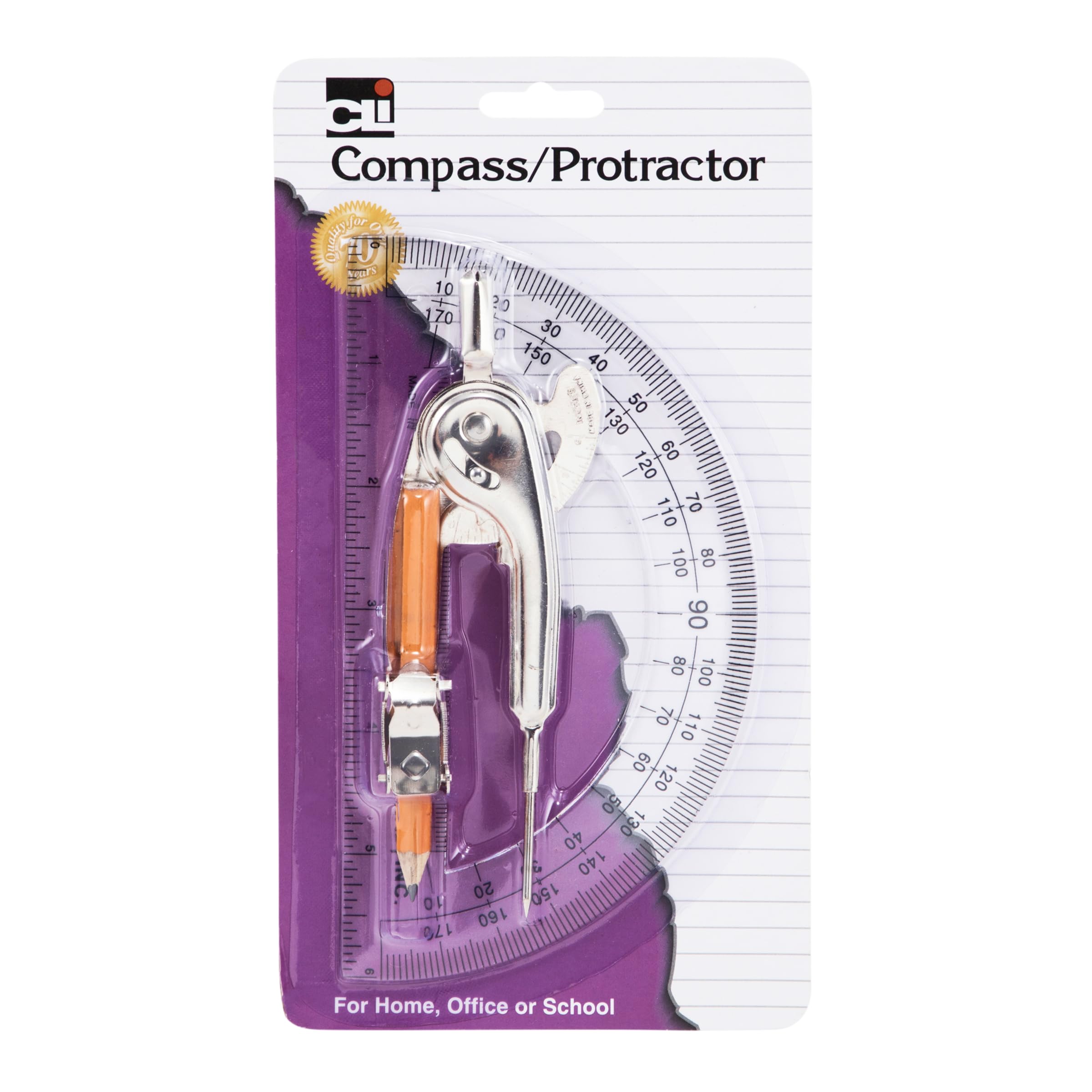 Charles Leonard Ball Bearing Compass and 6 Inch Protractor Combo Set, Metal/Clear Plastic, Assorted Colors, 1 Combo Pack (80960)