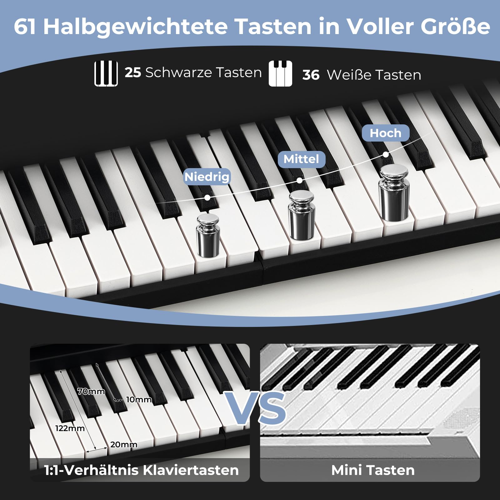 GOPLUS Digital Keyboard z 61 klawiszami, składana klawiatura fortepianowa z półważonymi klawiszami, stojak na nuty, funkcja duetu, elektroniczne pianino z 128 dźwiękami, 128 rytmami i 15 utworami demo