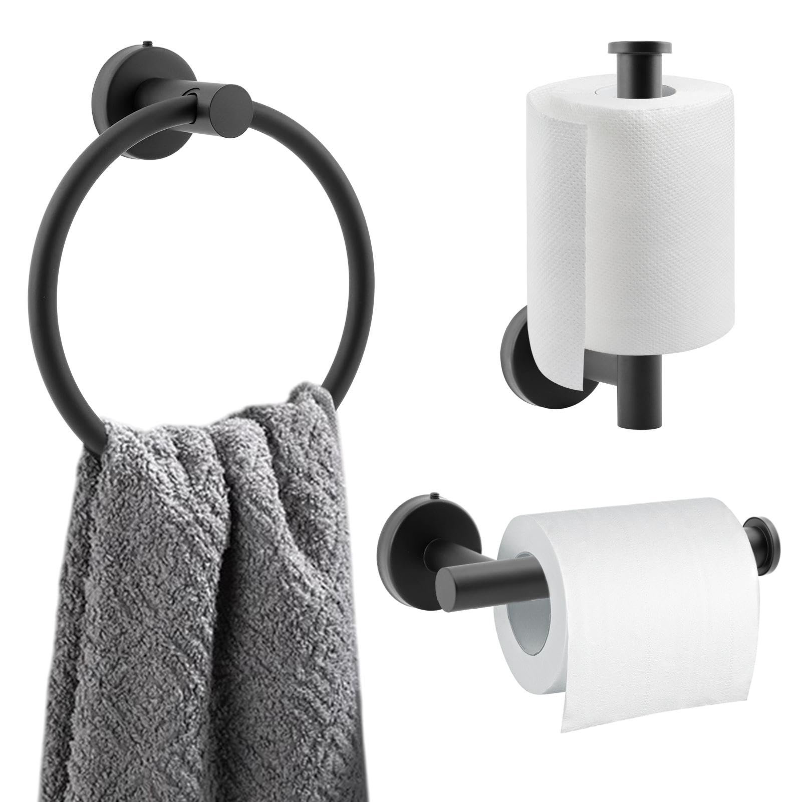 Toilet Roll Holder Towel Ring,2 Pcs Stainless Steel Bathroom Hardware Accessory Wall Mounted Toilet Paper Holder Matte Black Finish for Bathroom and Kitchen(COLOR:black)