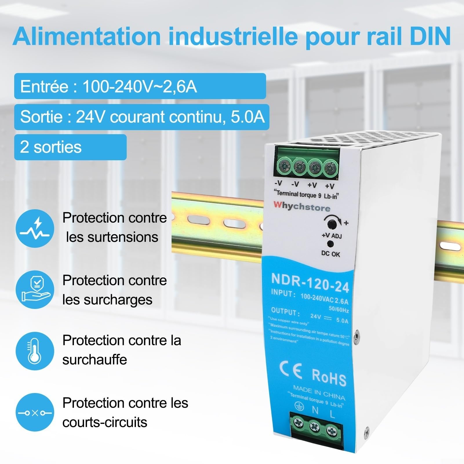 Fuente de alimentación de conmutación de CA a CC montada en riel de 120W para la automatización de fábrica y gabinetes de control de salida DC 12V 10A o DC 24V 5A (24V)